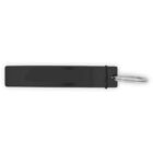 Black rectangular key tag with a metal key ring, viewed from above on a white background.