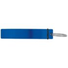 A blue rectangular keychain tag with a metal key ring attached on one end.