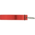 Red rectangular key tag with a metal key ring attached on the right side.