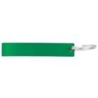 A green rectangular key tag with a metal key ring attached.
