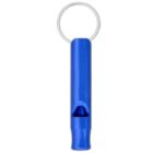A blue metal whistle keychain with a silver key ring attached at the top.