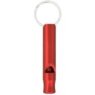 A red metal whistle with a keyring attached at the top.
