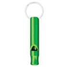 A green metal whistle with a keyring attached at the top.