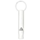 White dog whistle keychain with a metal ring, photographed on a plain background.