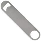 A flat stainless steel bar bottle opener with a large hole on one end.