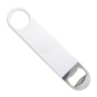 A metal bottle opener with a white handle. It has two loops: one metal for opening bottles and one plastic for easy gripping or hanging.