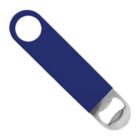 A blue-handled metal bottle opener with a circular hole at the top for hanging is shown against a white background.