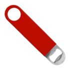 A metal bottle opener with a red handle. The opener has a circular end and a larger opening for bottle caps.