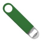 A green-handled bottle opener with a metal opening head and a circular hanging hole at the end.