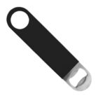 A bottle opener with a black handle and a stainless steel opener at the end, designed for removing bottle caps. The handle has a circular hole for hanging or easy grip. The opener is placed diagonally in the image.