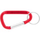 Red carabiner keychain with a metal key ring attached.