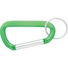 Green carabiner keychain with a silver key ring attached, isolated on a white background.