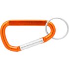 Orange metal carabiner with a silver keyring attached, isolated on a white background.