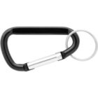 Black carabiner keychain with a silver key ring attached.
