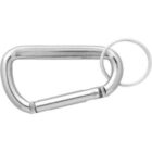 A silver carabiner clip with a key ring attached.