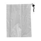 A translucent plastic drawstring bag with a black drawstring closure at the top. The bag is slightly crumpled and empty, with a plain background.