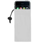 A smartphone in a white drawstring pouch with the screen partially visible.