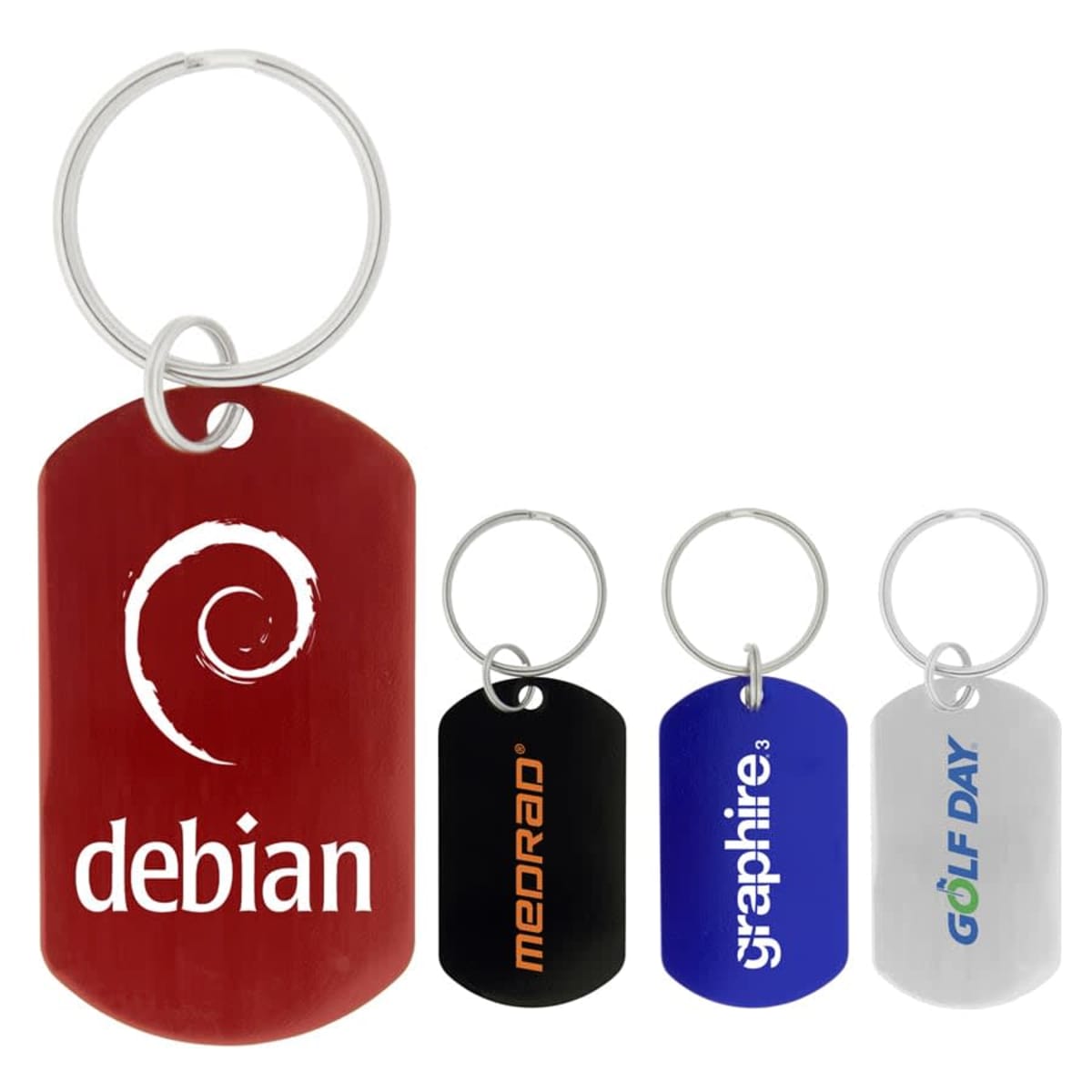 Four colorful keychains with different logos and brand names displayed side by side.