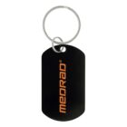 Black keychain with MEDRAD in orange text and a silver key ring attached at the top.