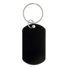 Black rectangular dog tag keychain with a silver keyring attached at the top.