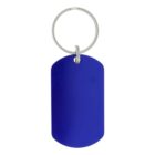 A plain blue dog tag keychain with a silver key ring.
