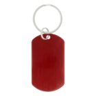 A red rectangular keychain with a rounded bottom and a silver key ring.