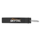 Black keychain with the word SKYTEL and a gold star logo printed on it.