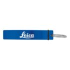 Blue keychain with Leica logo in white and a metal key ring attached.