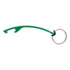 Green plastic bottle opener keychain with a silver metal keyring attached.