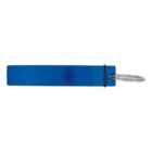 Blue rectangular keychain with a metal key ring attached on the right side.