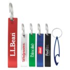 Five colorful keychains with brand logos and a blue bottle opener on a white background.