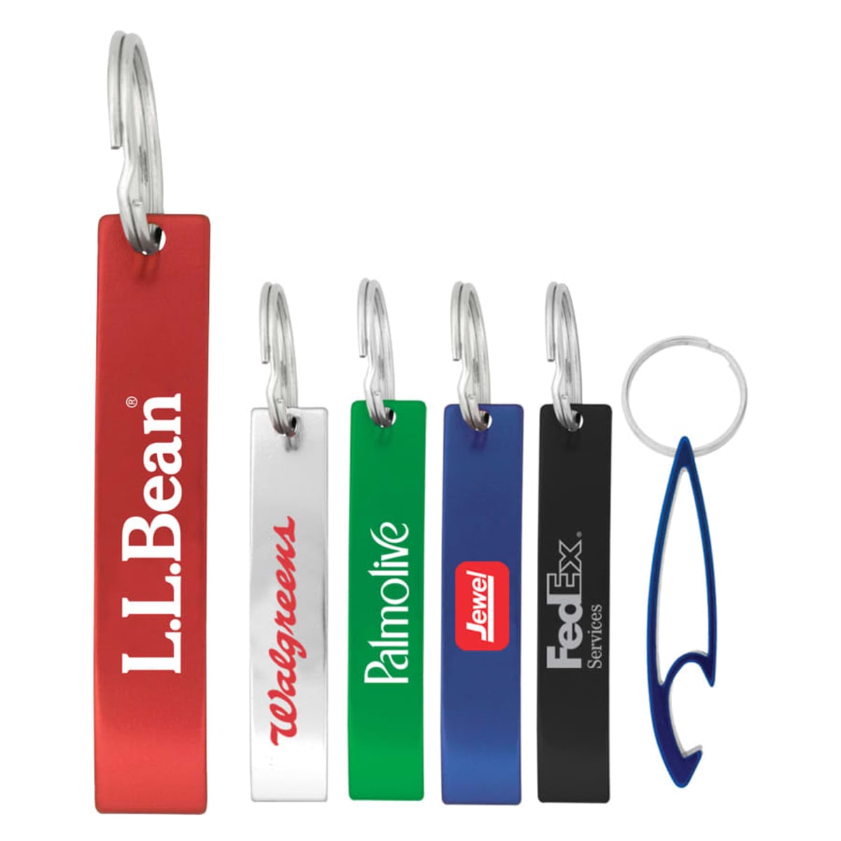 Five colorful keychains with brand logos and a blue bottle opener on a white background.