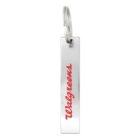 Silver keychain tag with Walgreens written in red script.
