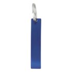A blue rectangular keychain tag with a silver keyring attached at the top.