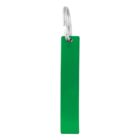 A rectangular green key tag with a silver metal key ring.
