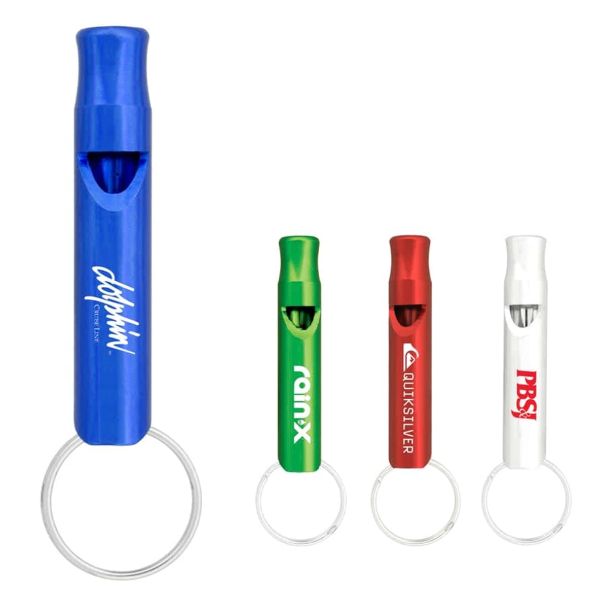 Four colorful whistle keychains in blue, green, red, and white, each with a logo.