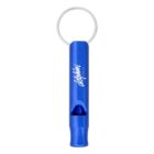 Blue metal whistle with a keyring and dolphin logo printed on the side.