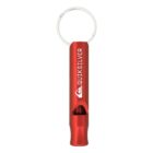 Red Quiksilver branded whistle keychain with a silver key ring.
