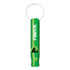 Green whistle keychain with rainx printed on it in white letters.