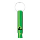 Green metal whistle with a keyring attached at the top, isolated on a white background.