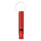 Red metal whistle with a keyring attached at the top, isolated on a white background.