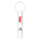 White plastic whistle keychain with a red PBS logo printed on its side.