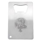A rectangular metal bottle opener featuring an etched artwork of a mythical creature with horns holding a beer mug. The bottom left corner has a small circular hole. The opener has a sleek, minimalist design.