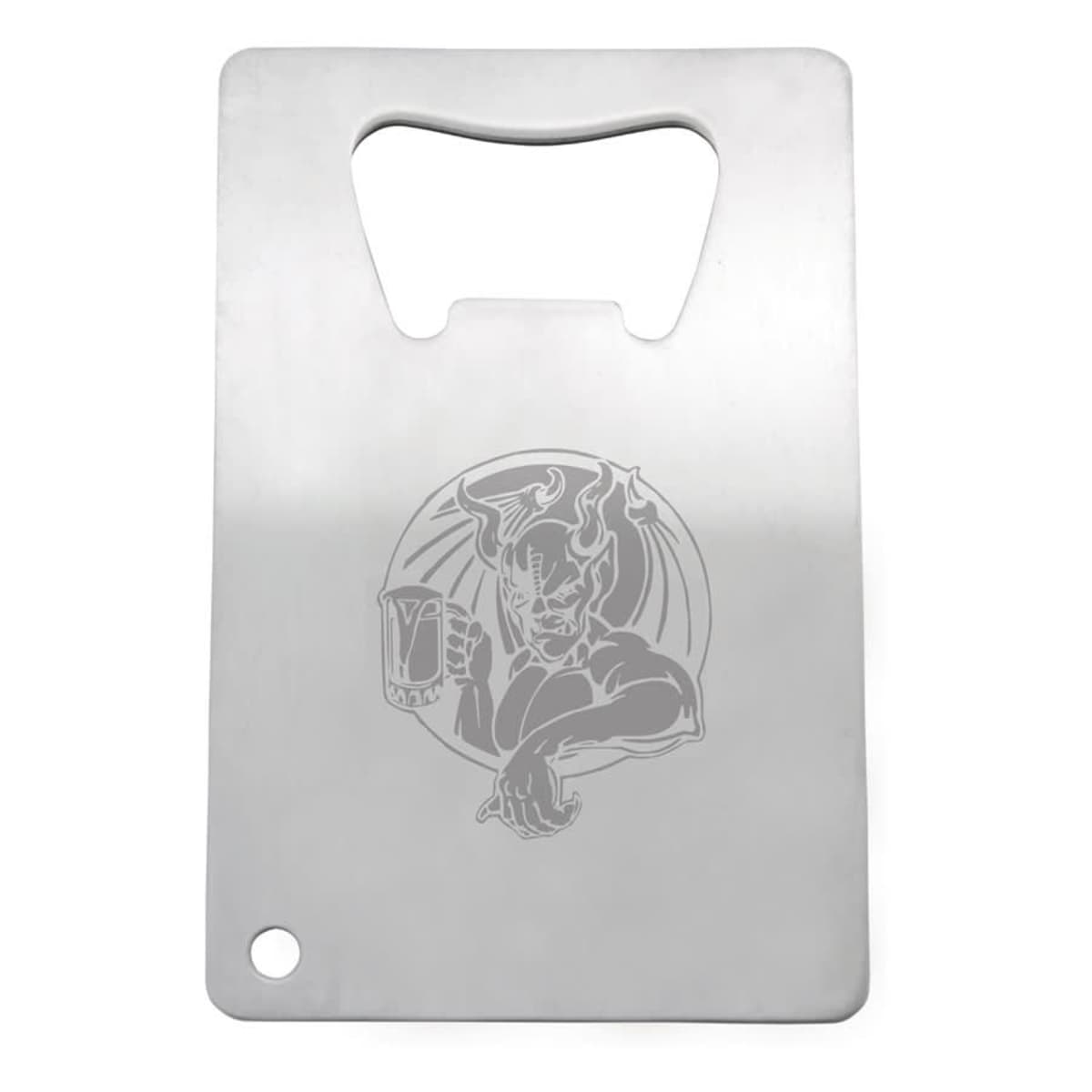 A rectangular metal bottle opener featuring an etched artwork of a mythical creature with horns holding a beer mug. The bottom left corner has a small circular hole. The opener has a sleek, minimalist design.