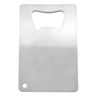 Stainless steel card-shaped bottle opener with a rectangular form and a cut-out shaped like a traditional bottle opener. Theres a small circular hole in one corner for easy attachment or storage.