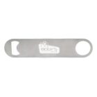 Metal bottle opener with BOGYS gastropub logo and two circular openings.