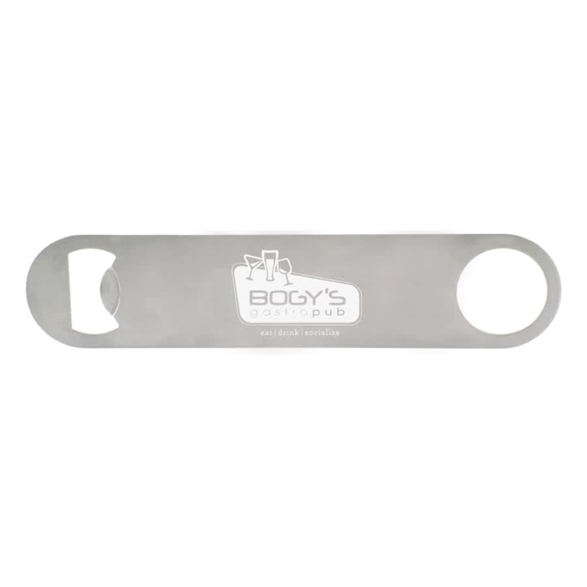 Metal bottle opener with BOGYS gastropub logo and two circular openings.