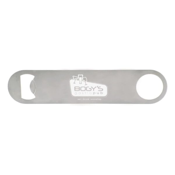 Silver bottle opener with BOGYS gastropub logo engraved in the center.