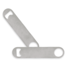 Two stainless steel bottle openers arranged in an open V shape on a white background.
