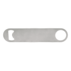 A flat metal bottle opener with a round hole on one end and a bottle-opening slot on the other.